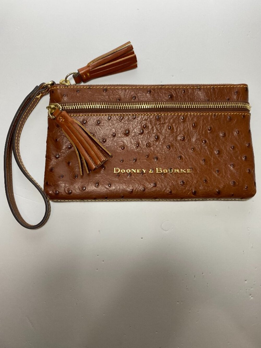 Dooney & Bourke Ostrich Double Zip Wristlet Caramel Brown Tassels NWOT ($227)